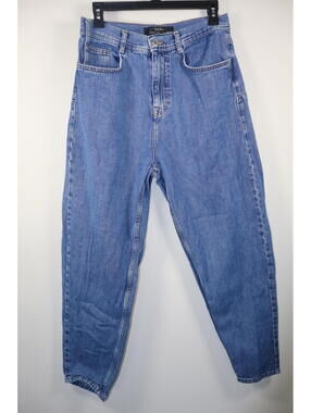 Zara medium wash denim trousers featuring a high-rise waist and a tapered leg